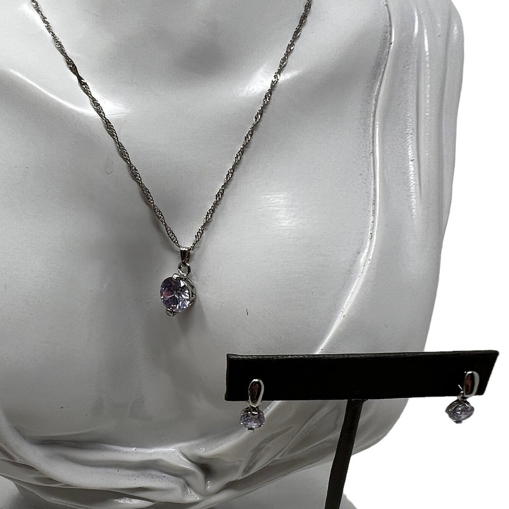 Silver Tone Necklace Drop Earrings Purple Lavender Solitaire Stones
